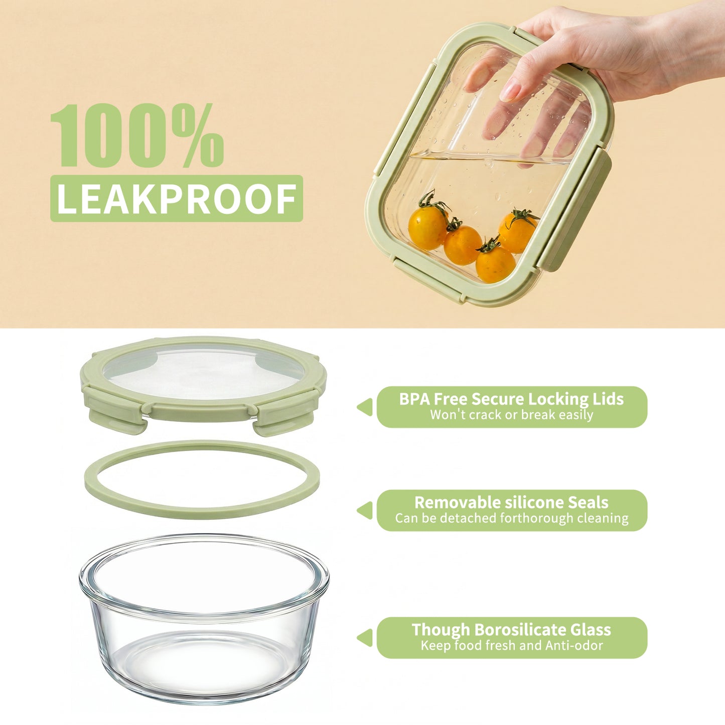 36pcs Glass Food Storage Containers with Lids Set, Airtight Meal Prep Containers (18 Containers & 18 Lids),Green
