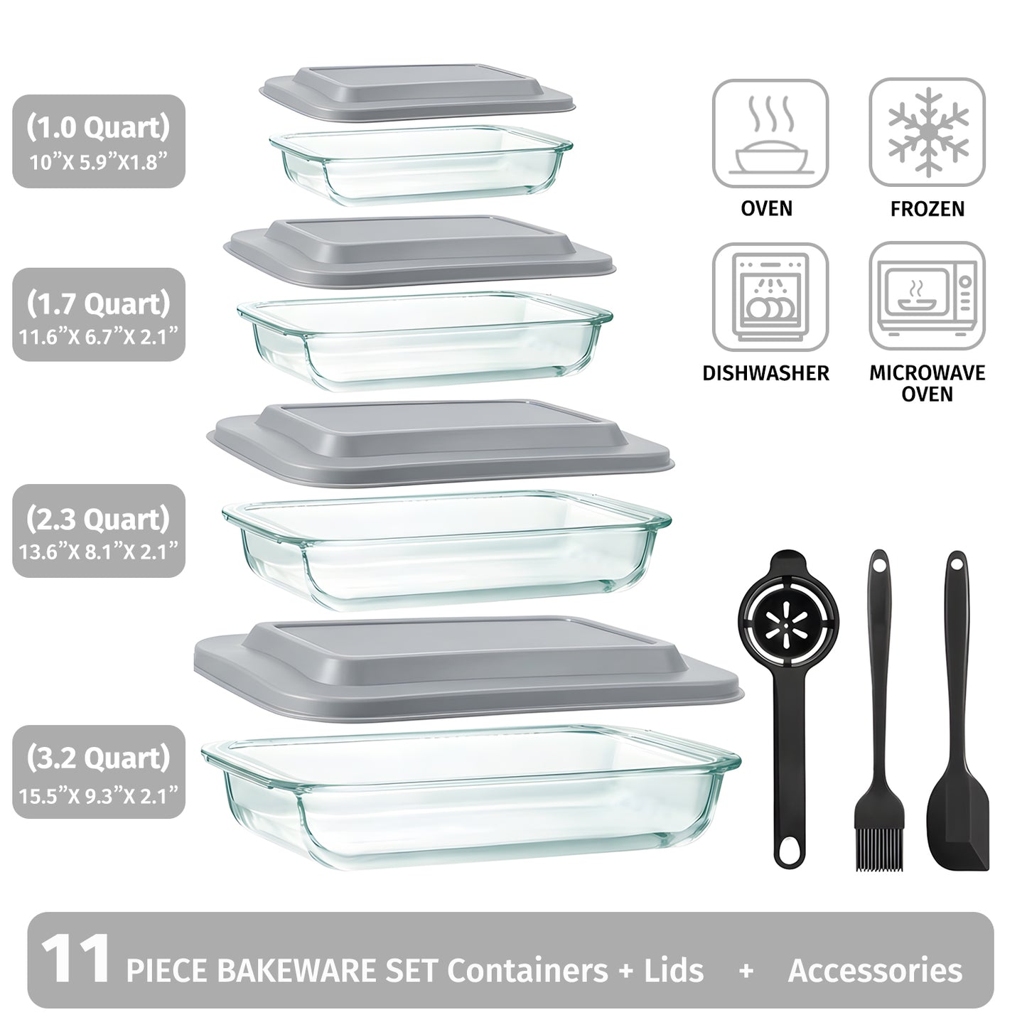 11 Pcs Deep Glass Baking Dish Set with lids/Egg Separator/Brush/Spatula, Rectangular Glass Baking Pans Bakeware Set for Lasagna, Leftovers, Cooking, Freezer-to-Oven, Gray