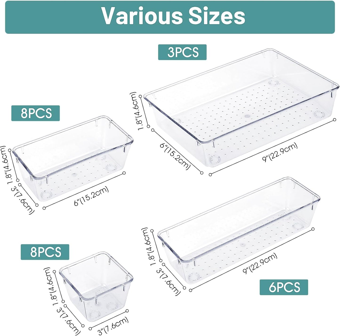 25 Pcs Clear Plastic Drawer Organizer Set, 4 Sizes Desk Drawer Divider Organizers and Storage Bins for Makeup, Jewelry, Gadgets for Kitchen, Bedroom, Bathroom, Office