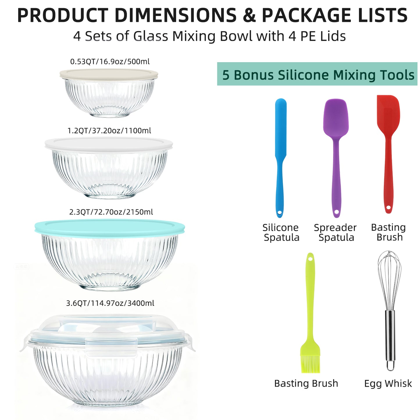 Glass Mixing Bowls Set, AOKIWO 9 Pack 4 Size Glass Food Mixing Bowls with BPA-Free Lids & Baking Tools, Nesting Storage Bowls for Kitchen, Great for Prep, Baking, Serving