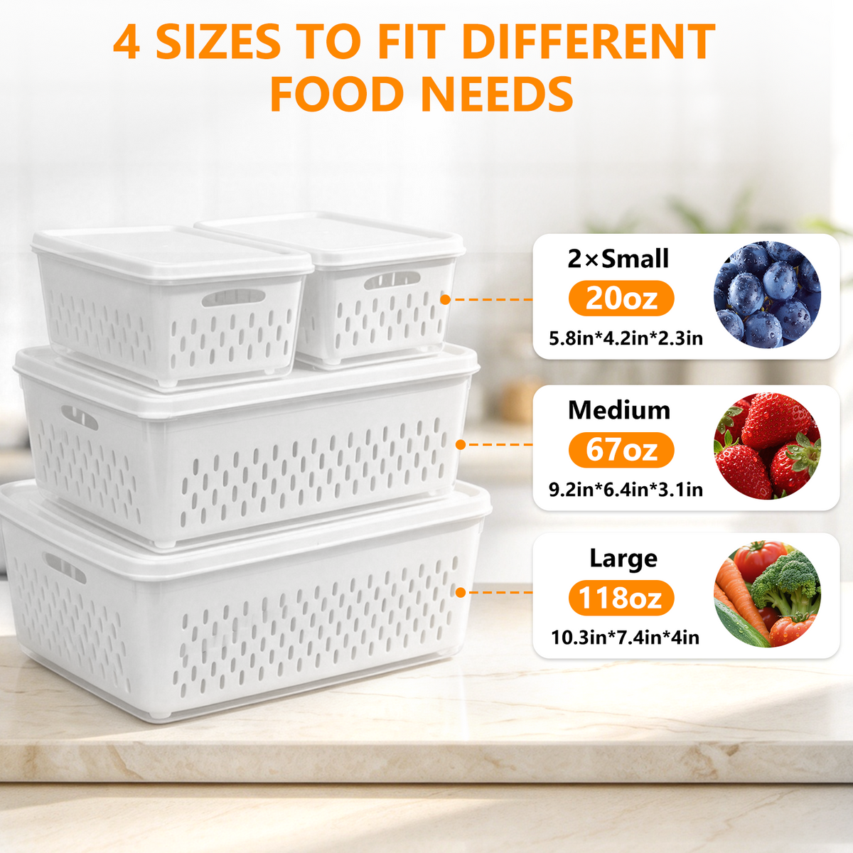 Wynra 4 Pack Fruit Storage Container for Fridge with Airtight Lids & Removable Colander, BPA-Free Plastic Fridge Organizer Bins Produce Saver for Salad Berry Vegetables Meat Keeper Fresh
