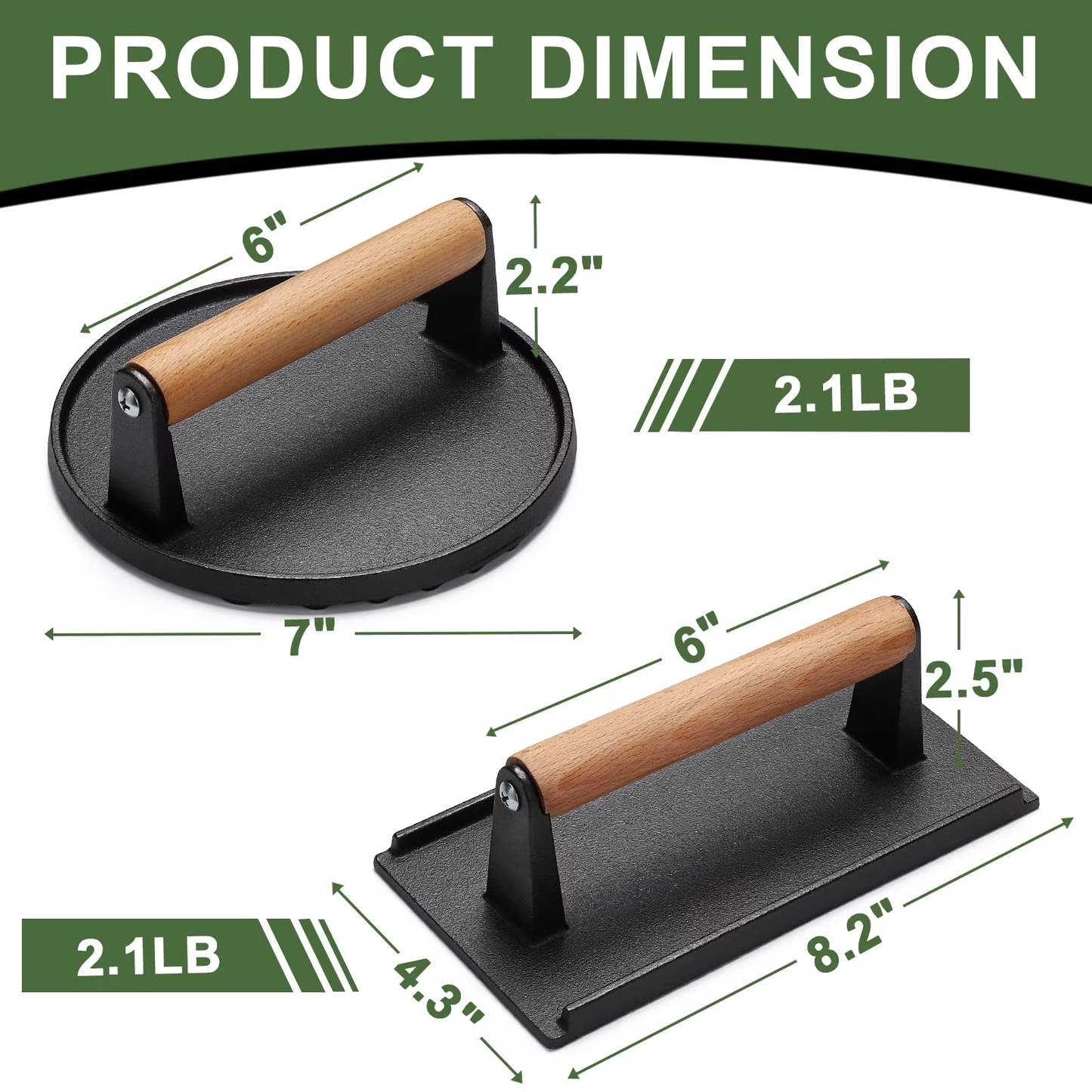 Mibote Burger Press, 2 Pcs Heavy-Duty Cast Iron Smash Bacon Press with Wood Handle for Griddle, Sandwich, Nonstick Pan