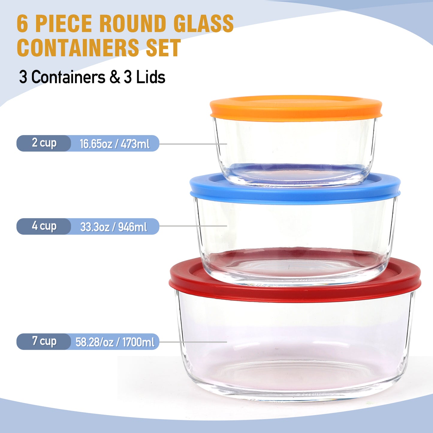 TAIMASI 6 Pcs Glass Food Storage Containers Set, 7, 4, 2 -Cup Round Containers with Lids, BPA-Free, Dishwasher & Microwave Safe Lunch Box