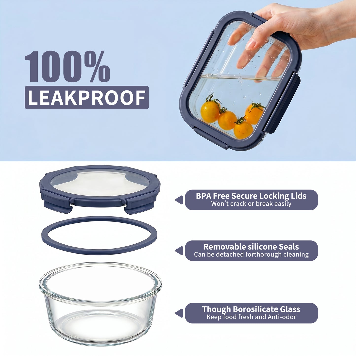 36pcs Glass Food Storage Containers with Lids Set, Airtight Meal Prep Containers (18 Containers & 18 Lids), Blue
