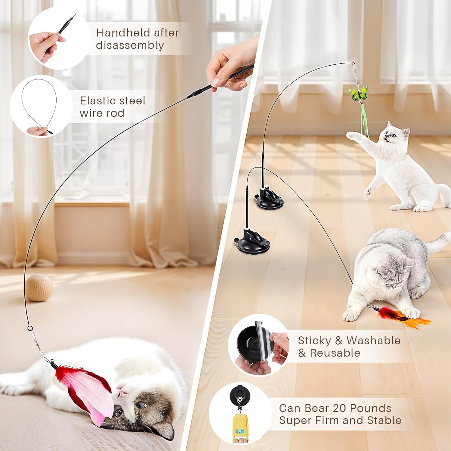 Cat Toys, 14Pcs 4 in 1 Indoor Adult Cat Interactive Toys, Hanging Door Kitten Wand with Suction Cup Removable Feathers Balls Mice Butterfly Streamers