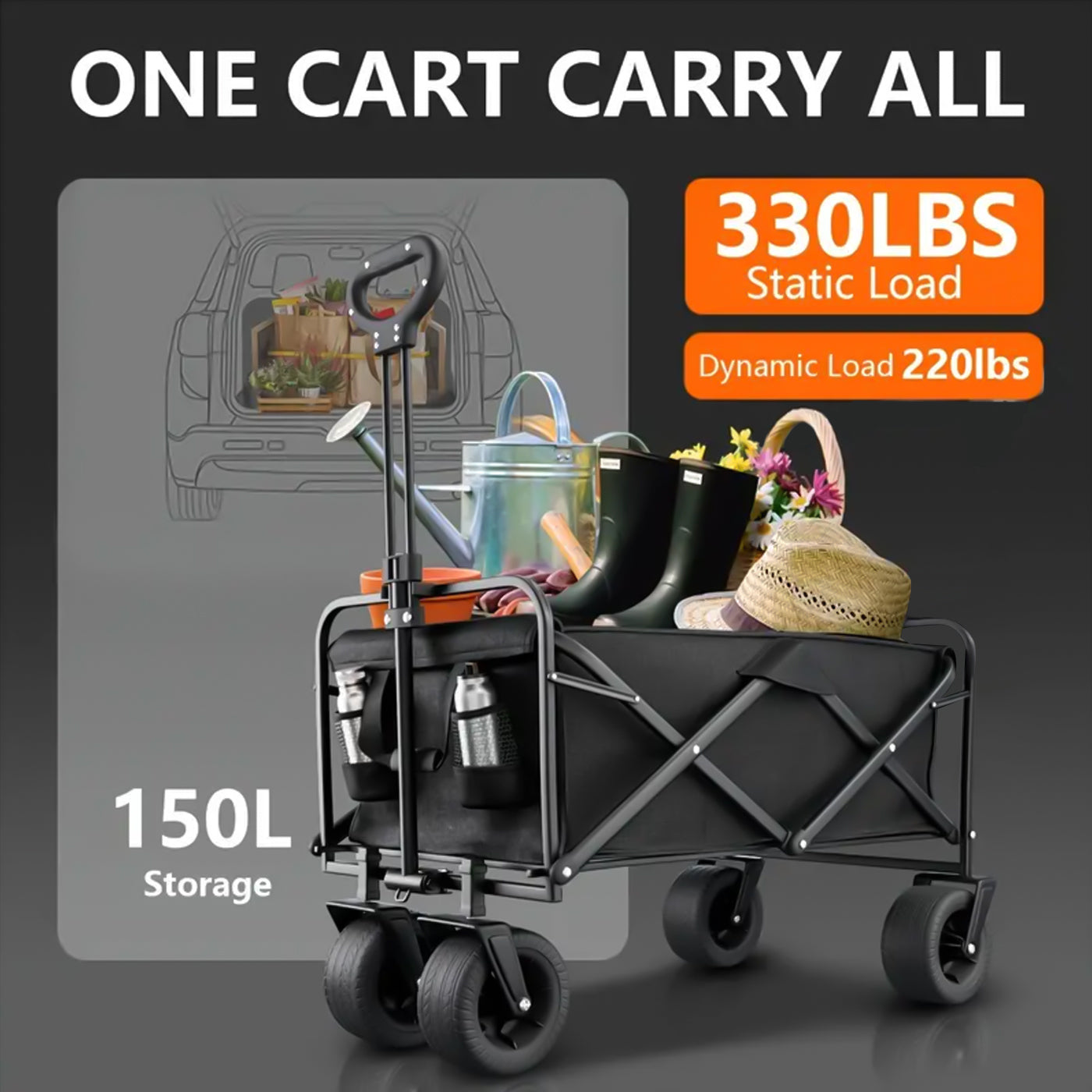 Foldable Outdoor Utility Wagon, Large Capacity Adjustable Pushrod All-Terrain Portable Garden Cart With Beverage Rack - Perfect For Camping, Beach, Sports, Shopping and Outdoor Adventures