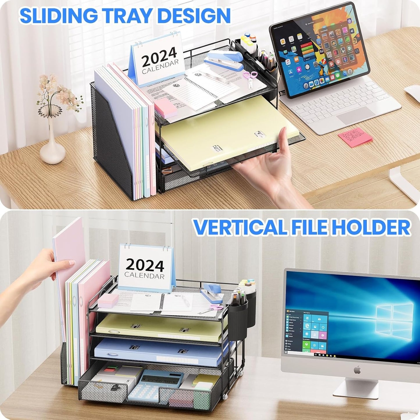 Desk Organizer and Accessories, 4-Tier Desktop File Organizer with Drawer and 2 Pen Holders, Office Desk Accessories & Workspace Organizers (Black)