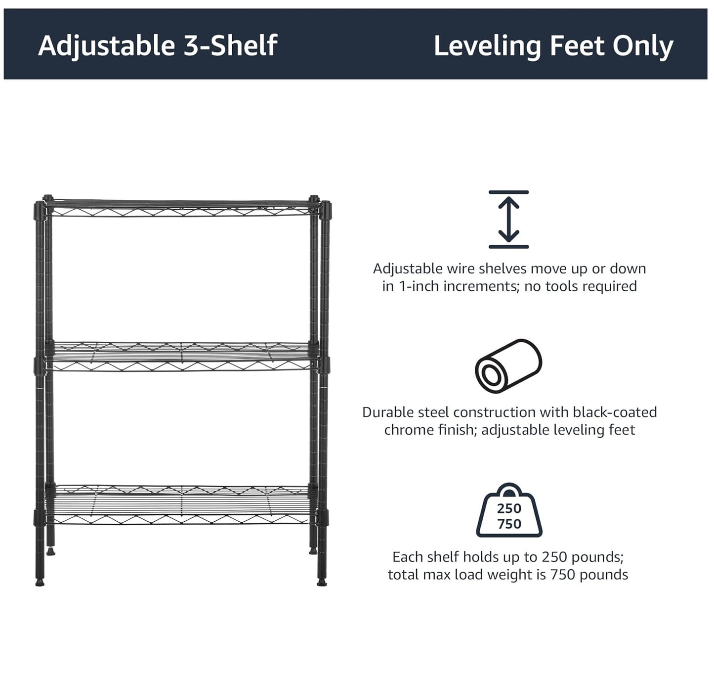 3-Shelf Adjustable Heavy Duty Steel Wire Rack Storage Shelving Organizer for Kitchen, Garage, 23.62" L x 13.77" W x 31.49" H, Black