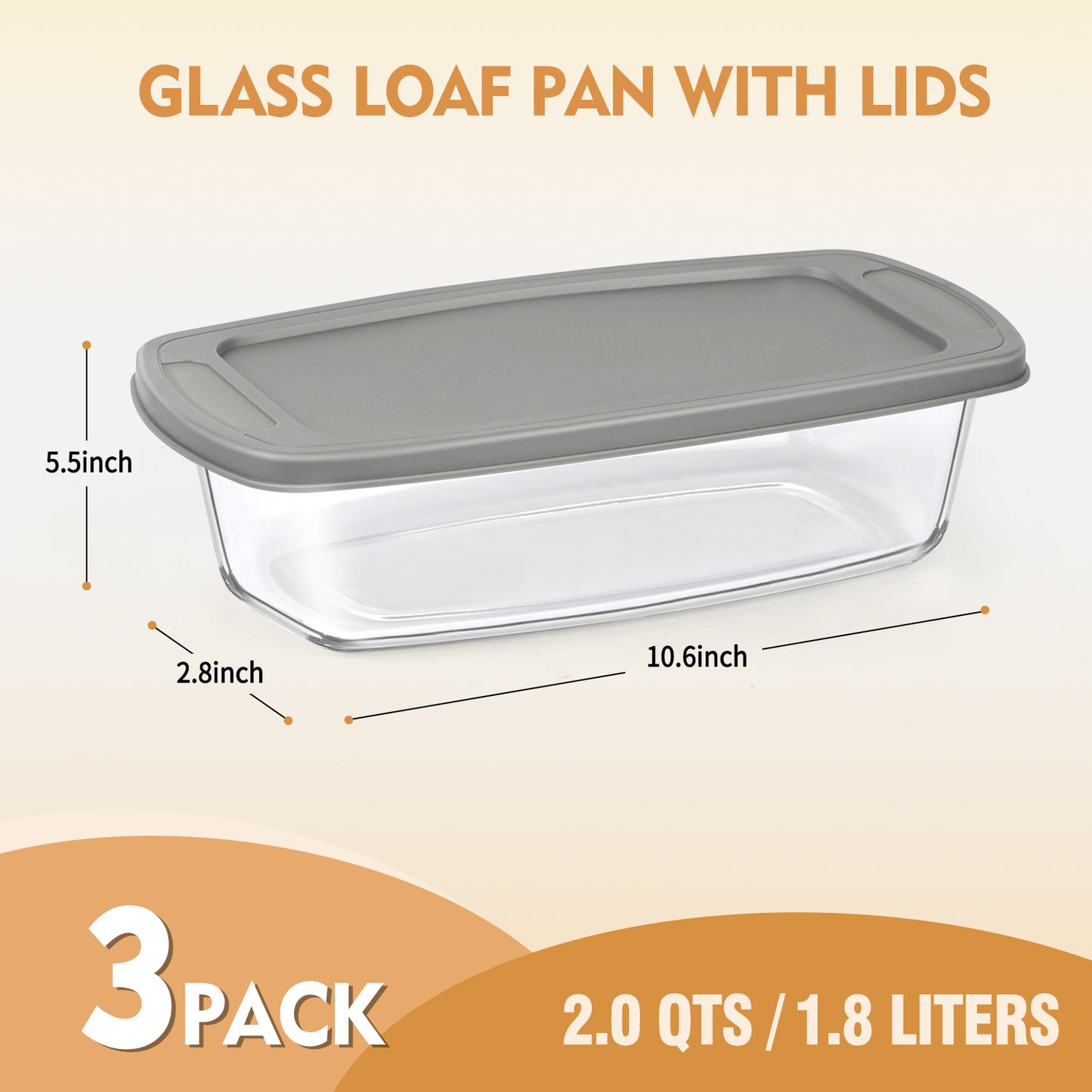 3 Pack Glass Loaf Pan Set with Lids - 1.9 Qt/1800 ML Stackable Glass Bread Baking Dishes, Airtight Meal Prep Food Storage Containers, Oven & Microwave Safe, Dishwasher Safe, Grey