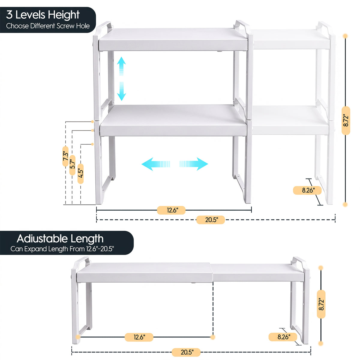 2 Pack Expandable Cabinet Organizer Shelves, Stackable Kitchen Countertop and Pantry Storage, Adjustable Cupboard Shelf Rack, Length 20.5"