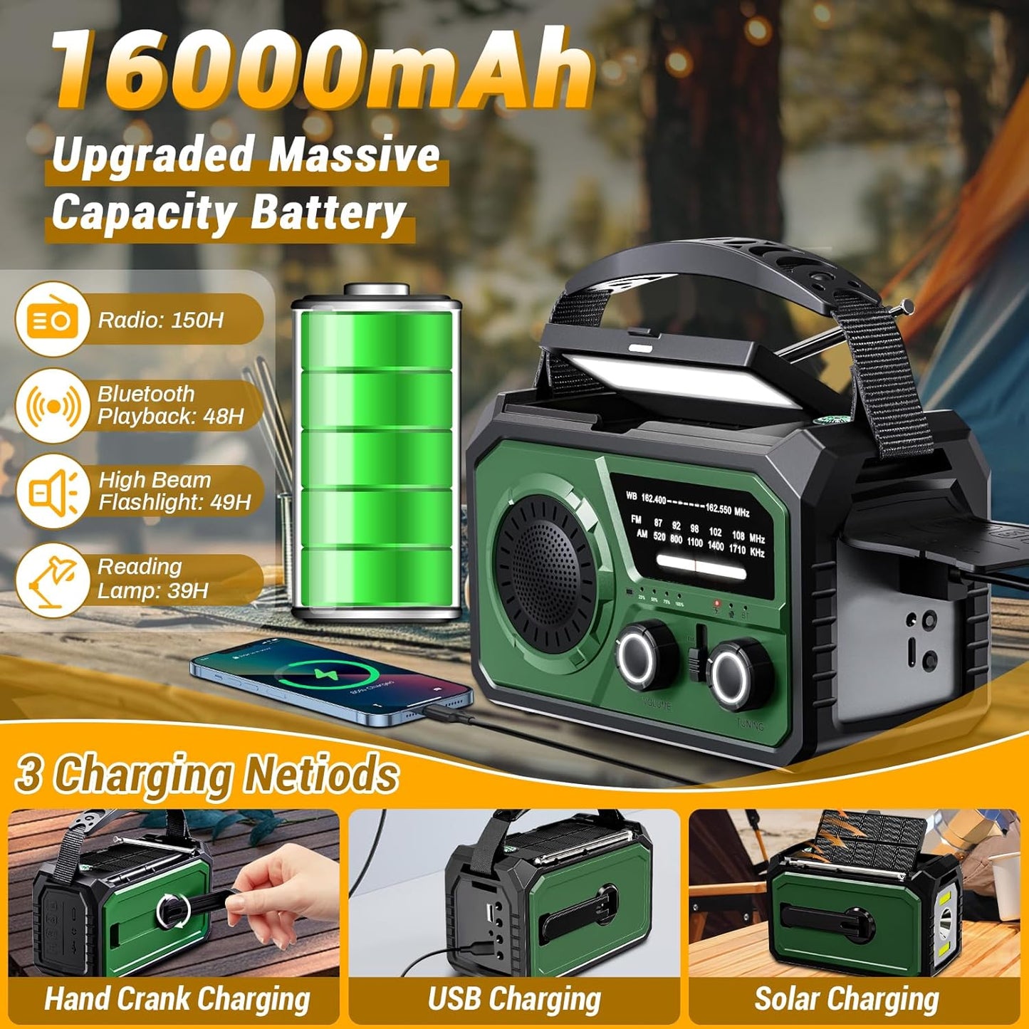 16000mAh Emergency Weather Radio, DOMNIU AM/FM/NOAA Weather Alert Radio, Hand Crank/Solar/Type-C Rechargeable Outdoor Solar Radio with Reading Lamp SOS Alarm 3 Mode Flashlight Power Bank(Army Green)