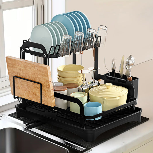 AOKIWO 2-Tier Dish Drying Rack, Over The Sink Drainboard Set With Double-Layer Bowl Rack, Cup Rack, Cutting Board, Kitchen Accessories