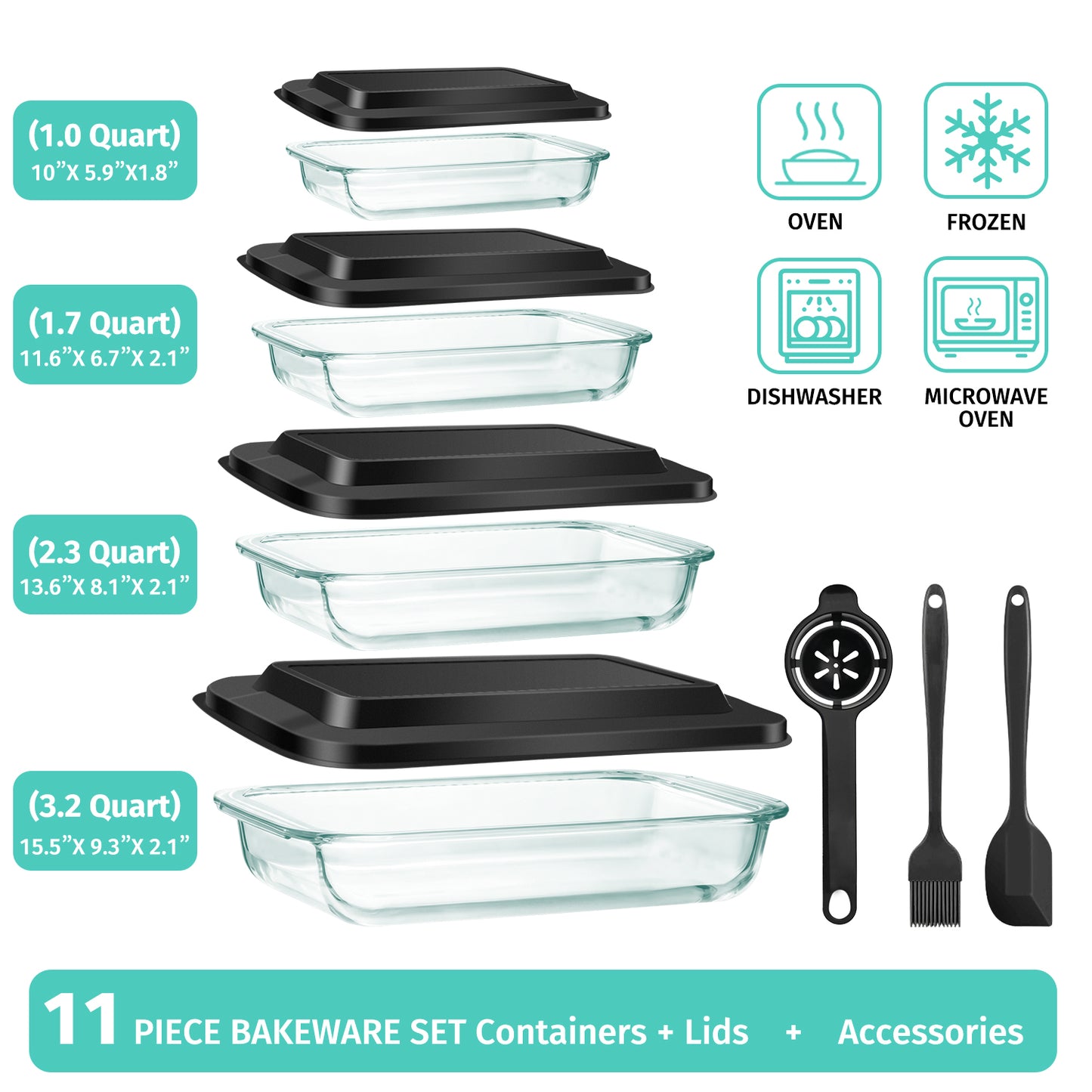 11 Pcs Deep Glass Baking Dish Set with lids/Egg Separator/Brush/Spatula, Rectangular Glass Baking Pans Bakeware Set for Lasagna, Leftovers, Cooking, Freezer-to-Oven, Black