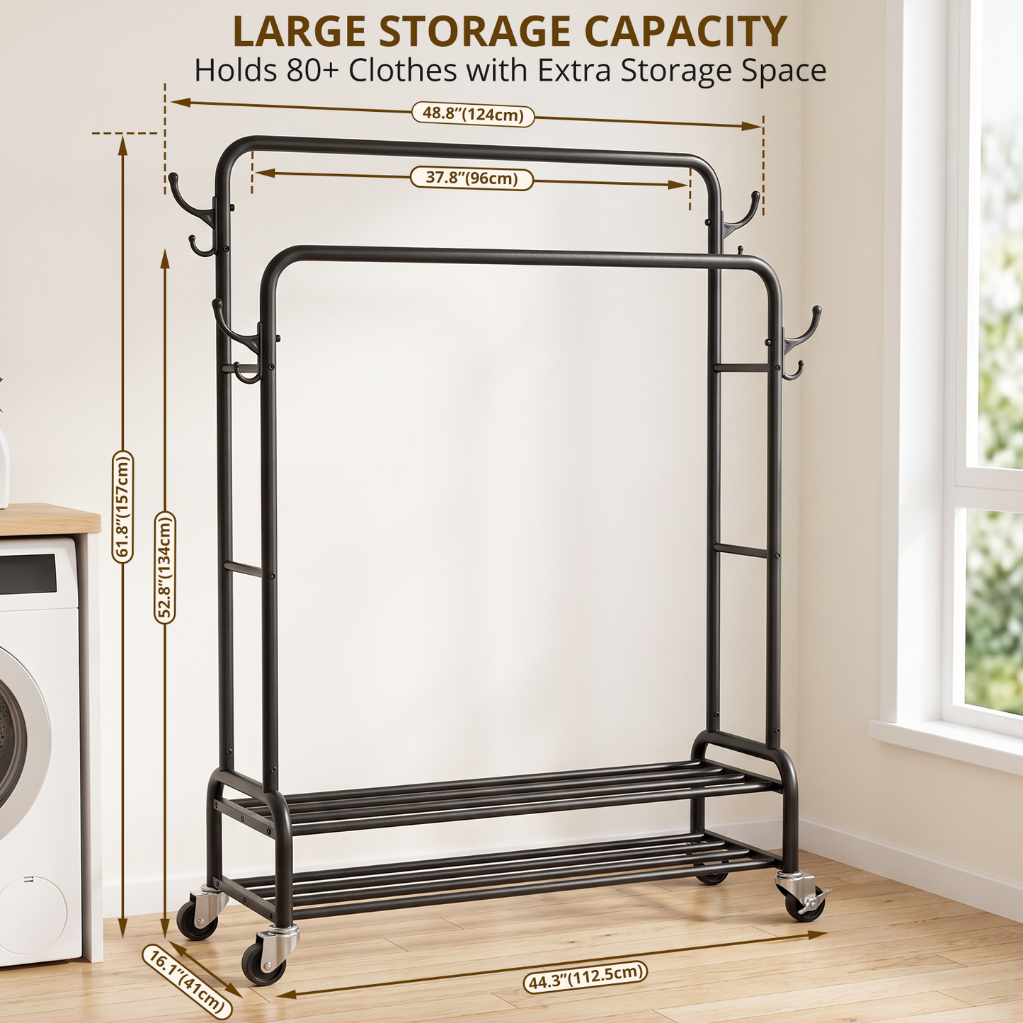 Heavy Duty Double Rod Clothes Rack, Rolling Garment Rack with 2 Tier Shelf and Side Hooks, Metal Coat Rack on Wheels for Bedroom, Laundry Room and Living Room, 44.3"L x 16.1"W x 61.8"H, Black
