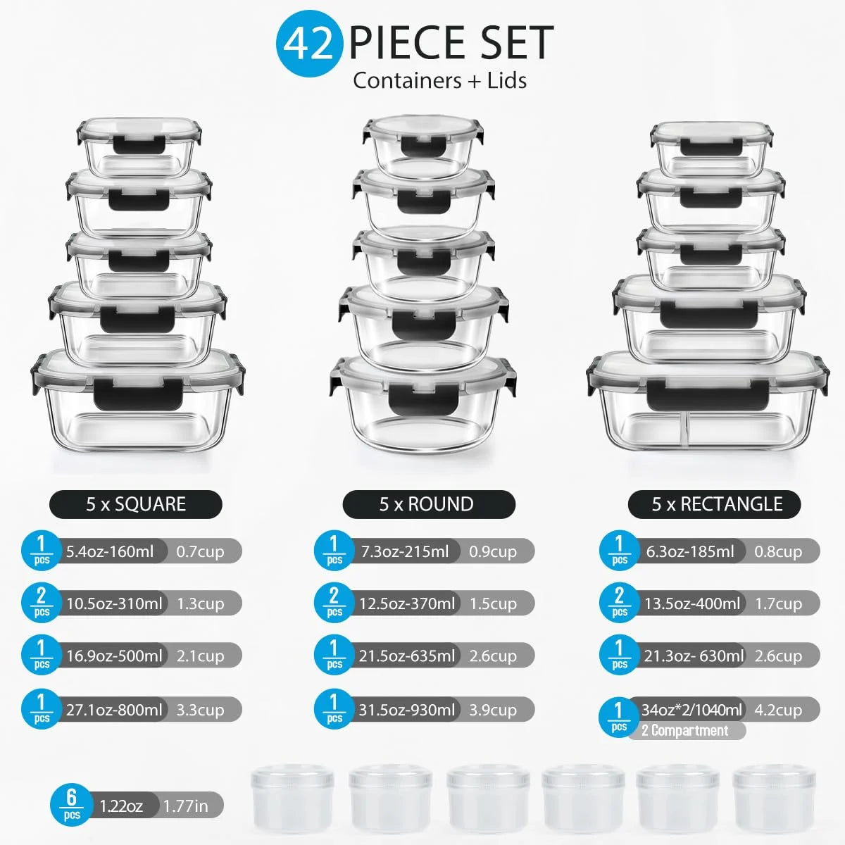 21 Set Glass Food Storage Containers with Snap Locking Lids Set, Glass Meal Prep Containers, 21 Containers & 21 Lids, Black