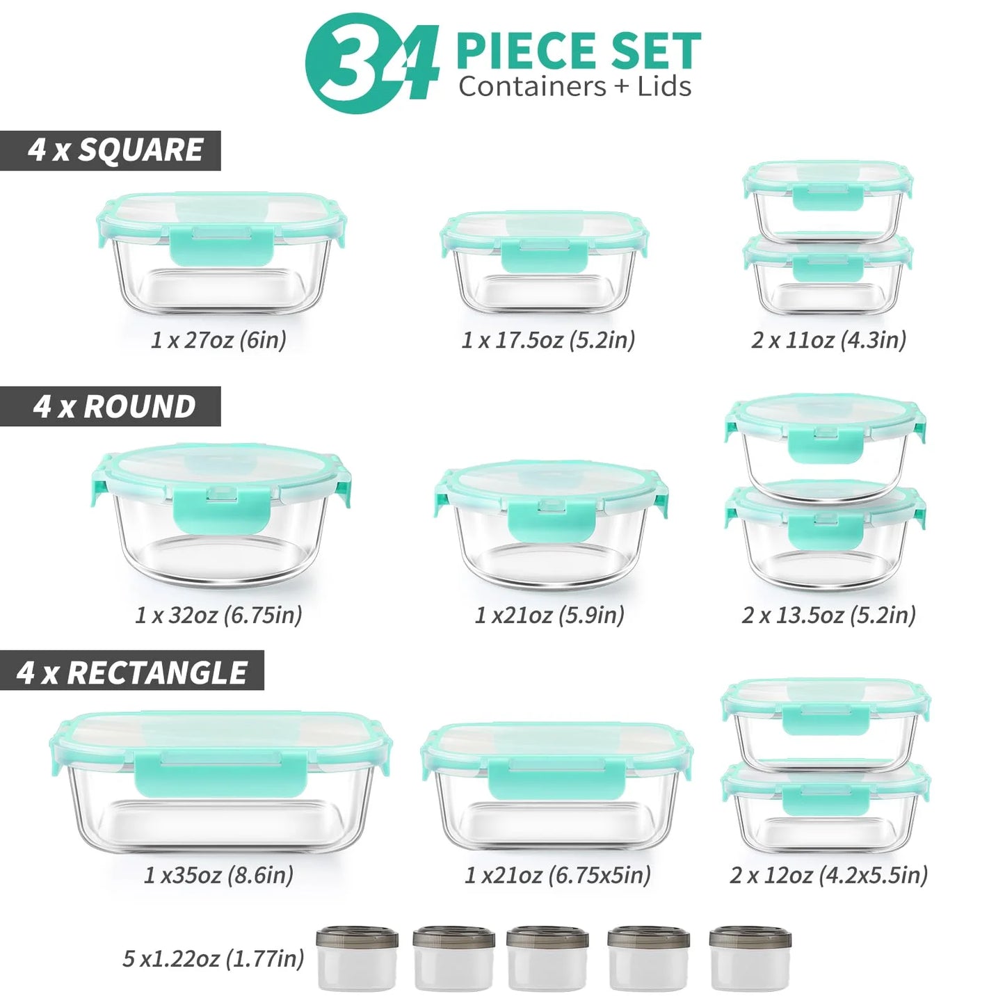 34pcs Glass Food Storage Containers with Lids Set, Airtight Glass Meal Prep Containers (17 Containers & 17 Lids),Leak Proof Lunch Containers BPA-Free, Microwave, Oven, Freezer, Dishwasher,Green