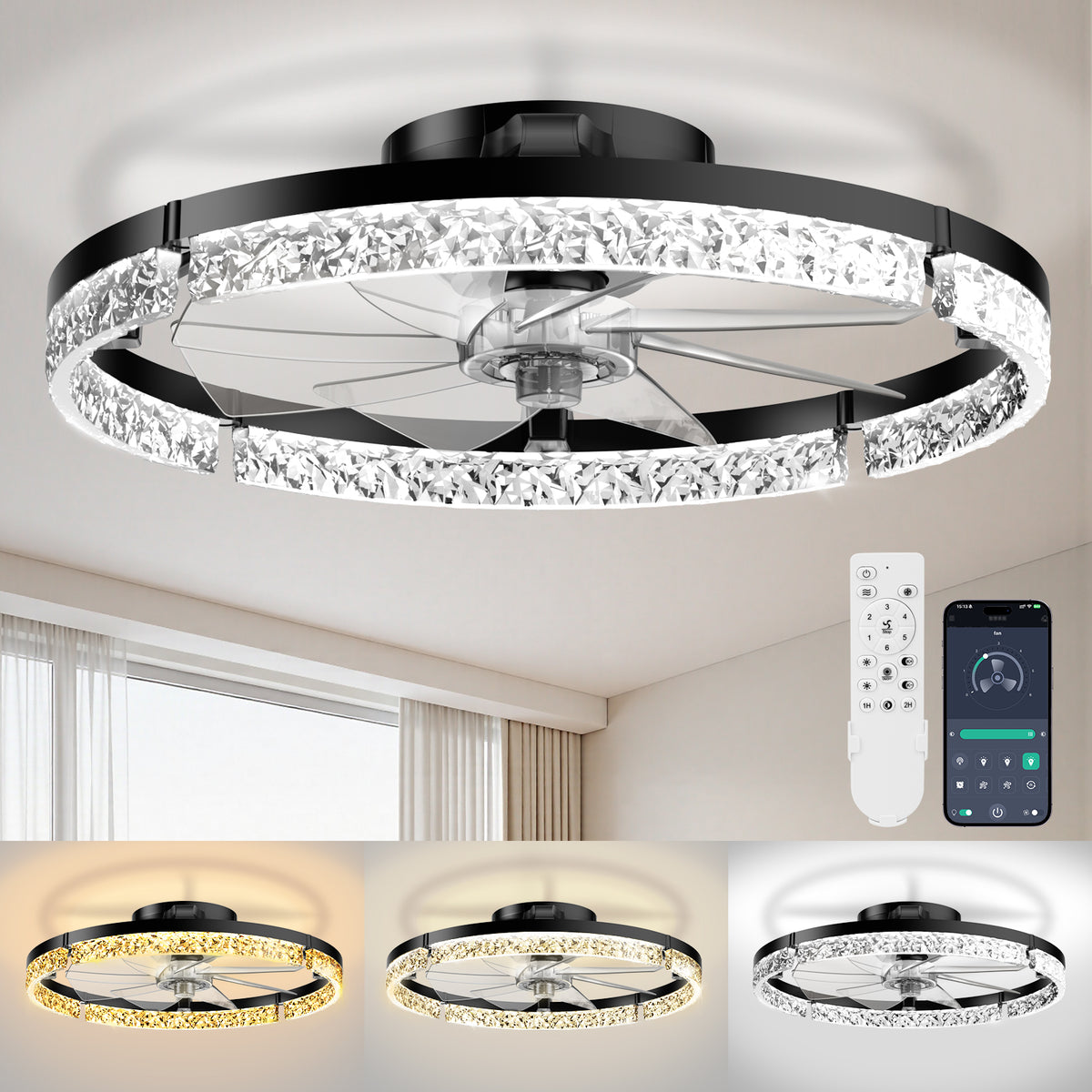Ceiling Fans with Lights and Remote, 20'' Low Profile Ceiling Fans, 3000-6000K Dimmable Modern Flush Mount LED Fan Light