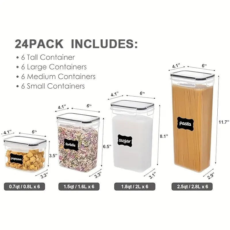 24 Pack Airtight Food Storage Containers with Lids, Plastic Kitchen and Pantry Organization Canisters for Cereal, Dry Food, Flour and Sugar, BPA Free, Includes 24 Labels