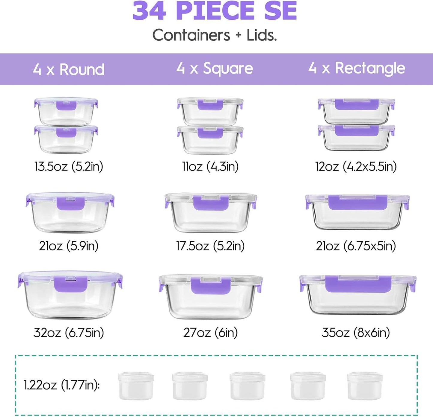 34pcs Glass Food Storage Containers with Lids Set, Airtight Glass Meal Prep Containers (17 Containers & 17 Lids),Leak Proof Lunch Containers BPA-Free, Microwave, Oven, Freezer, Dishwasher,Grey