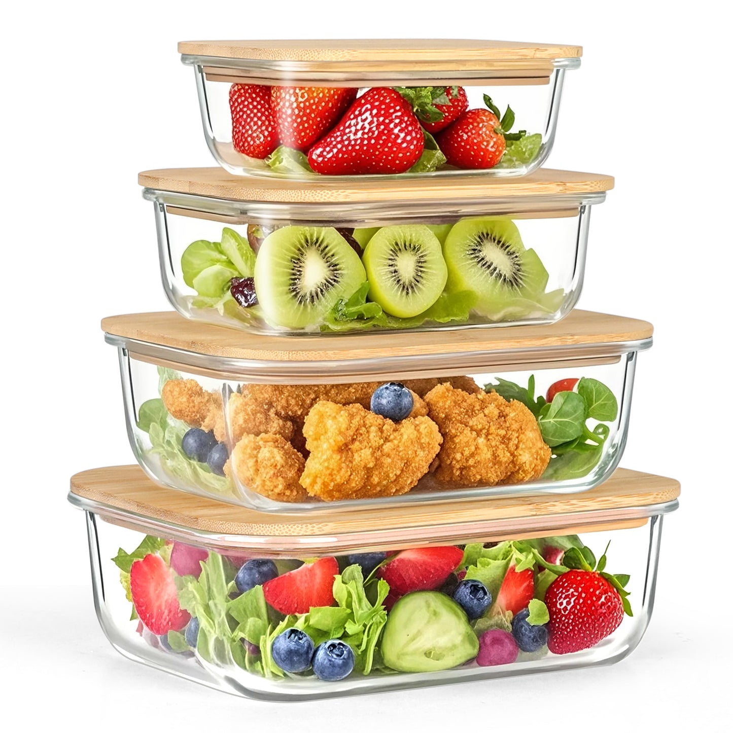 8 Pcs Glass Food Storage Containers with Bamboo Lids, Meal Prep Glass Containers Bento Lunch Box, Safe for Microwave, Oven, Freezer and Dishwasher, BPA Free