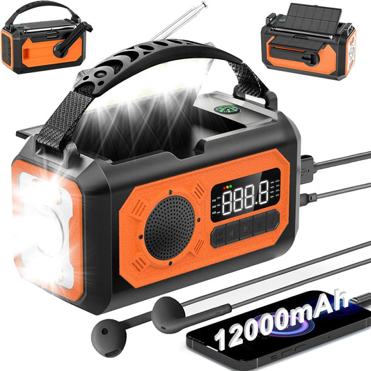 12000mAh Emergency Radio, AM/FM/NOAA Weather Alert Radio, Portable Hand Crank  Solar/Type-C Charging Outdoor Radio with Torch & Reading Lamp, SOS Alarm, Power Bank (Orange)