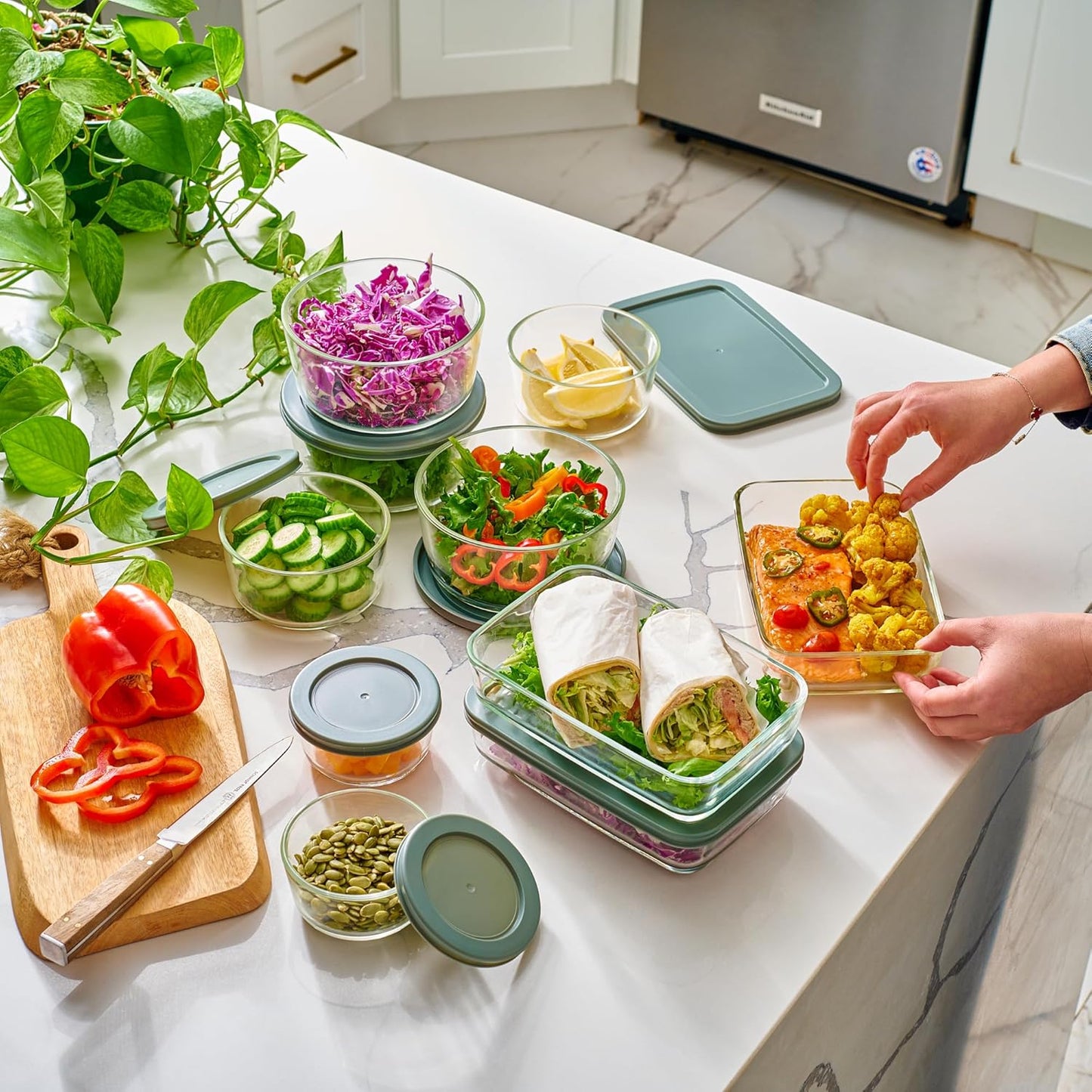 24Pcs Glass Food Storage Containers with Lids(12 Containers & 12 Lids), Stackable Airtight Meal Prep Lunch Boxes Bowls, Microwave Freezer Dishwasher Safe, Green