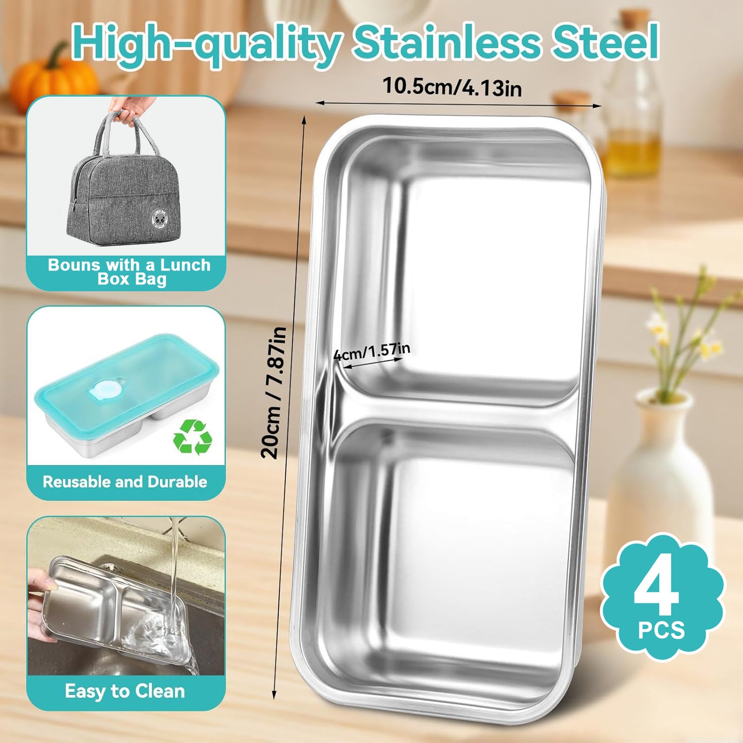 4 Pack Stainless Steel Snack Containers, Grab and Go Snack Containers with Lids and Lunch Box Bag, Reusable 2 Compartment Food Storage Containers  for Travel & Outdoor Camping