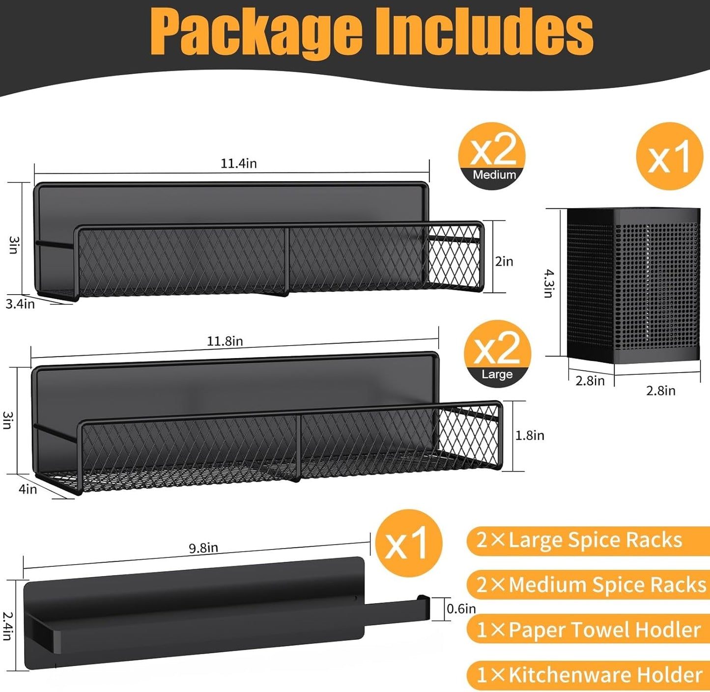 Magnetic Spice Rack Organizer, AOKIWO 6 Pack Moveable Fridge Spice Shelves for Refrigerator, Strong Magnetic Metal Refrigerator Shelf Organizer with Paper Towel Holder, Utensils Holder, Black