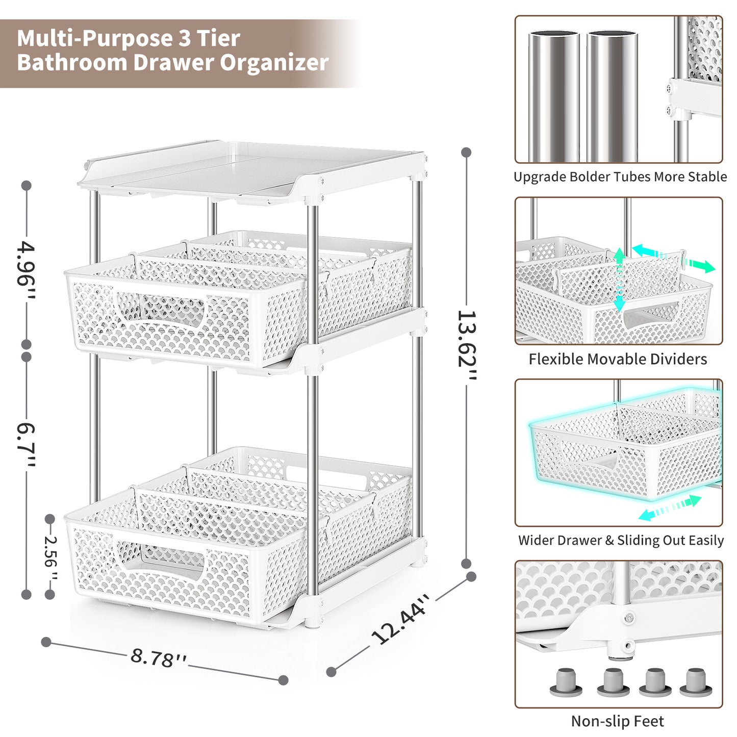 TAIMASI Pull-Out 3 Tier Bathroom Organizers and Storage, Under Sink Organizer, Kitchen Cabinet Organizer White, 1 (Count)