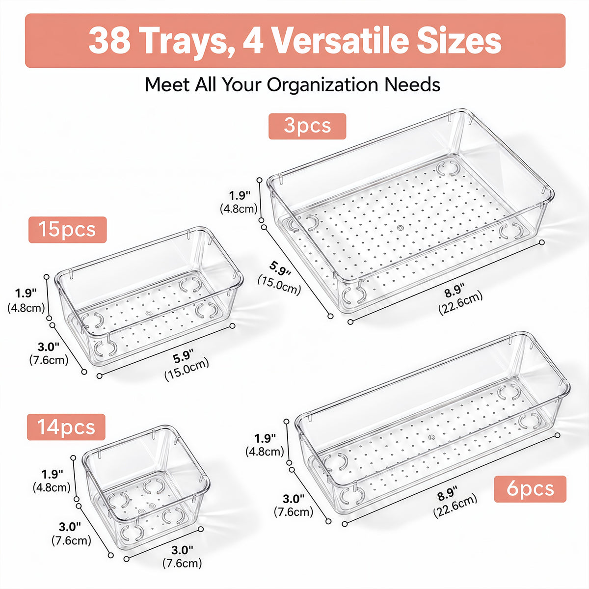 TAIMASI 38 Pcs Clear Plastic Drawer Organizer Set, 4 Sizes Desk Drawer Divider Organizers and Storage Bins for Makeup, Jewelry, Gadgets for Kitchen, Bedroom, Bathroom, Office