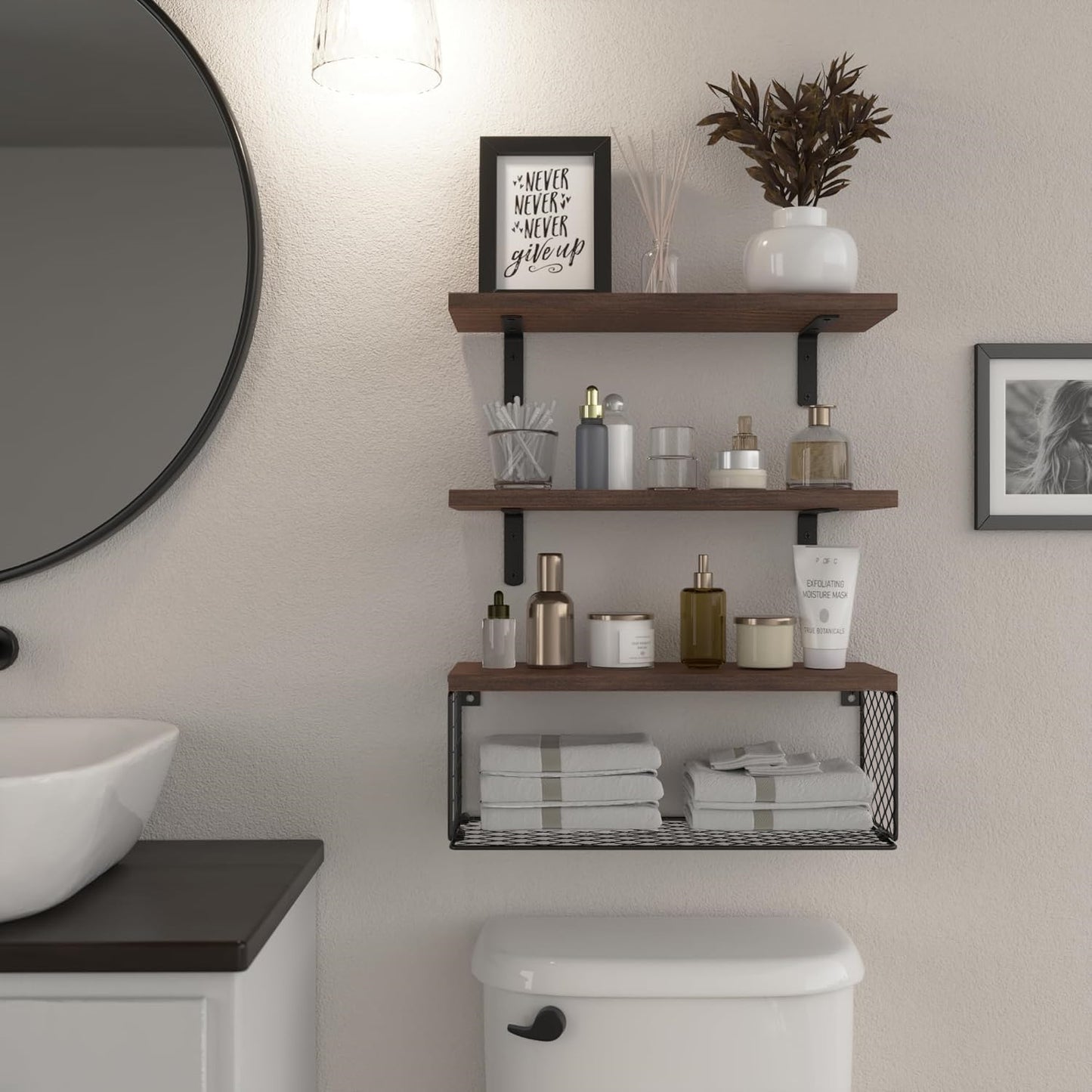 Bathroom Shelf Over Toilet, Bathroom Floating Shelves Wall Mounted with Wire Basket, Floating Shelf for Wall Decor - Rustic Brown