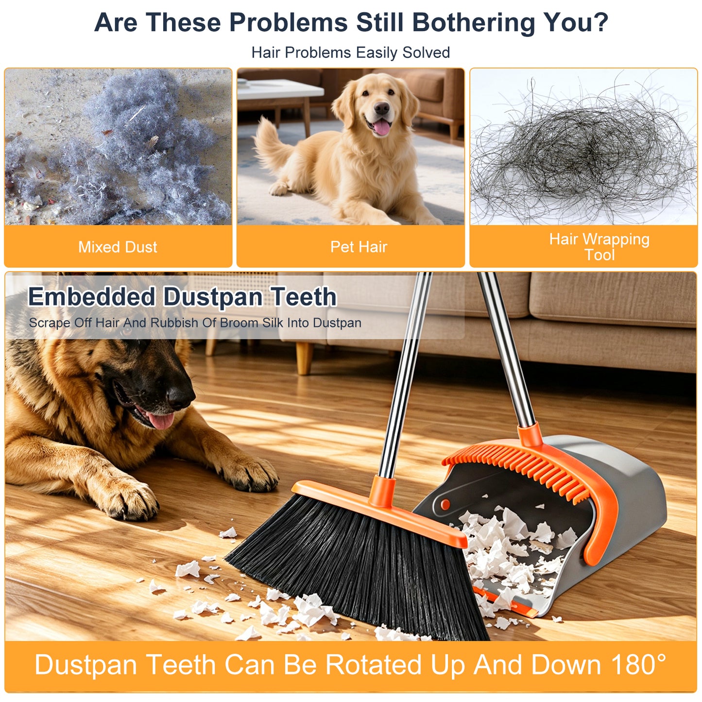 Upgrade Broom and Dustpan Set, TAIMASI Broom with Dustpan Combo with 52" Long Adjustable Handle, Ideal for Indoor Outdoor Garage Kitchen Room Office Lobby (Gray&Orange)