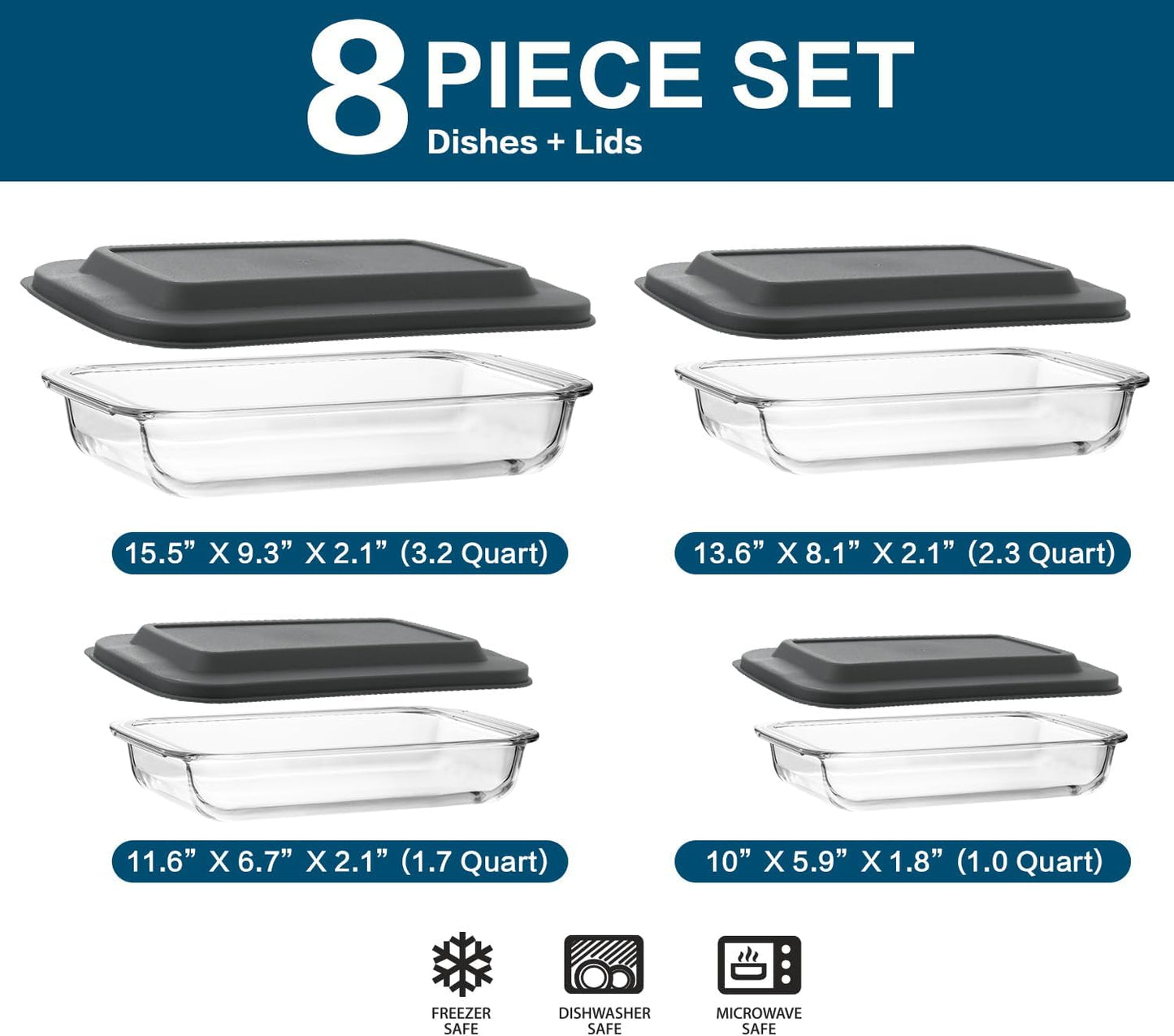8-Piece Deep Glass Baking Dish Set with Plastic lids, Rectangular Glass Bakeware Set with Lids, Baking Pans for Lasagna, Leftovers, Cooking, Kitchen, Freezer-to-Oven and Dishwasher, Grey