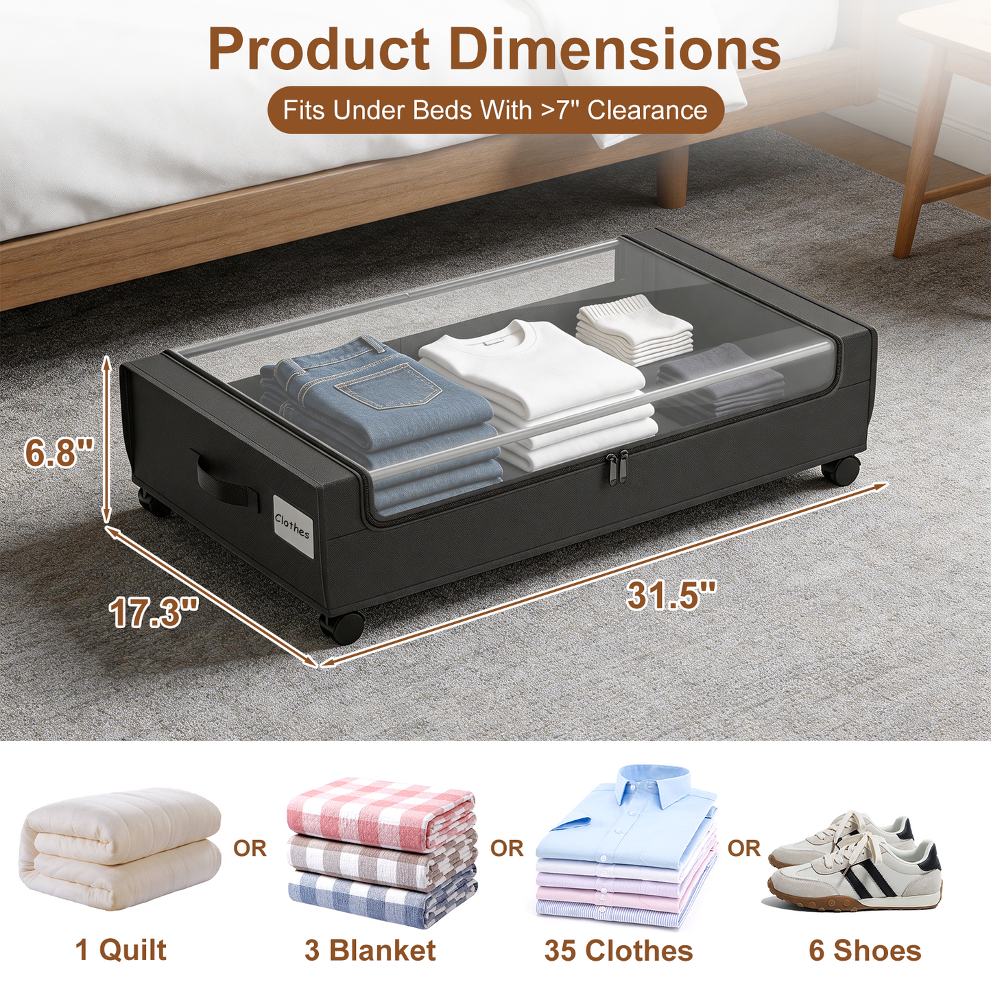 2-Pack Under Bed Storage with Wheels, Black Under Bed Storage Containers, Underbed Shoe Storage Organizer, Rolling Under Bed Metal Drawers for Clothes, Blankets(31.5 x 17.3 x 6.8 in)