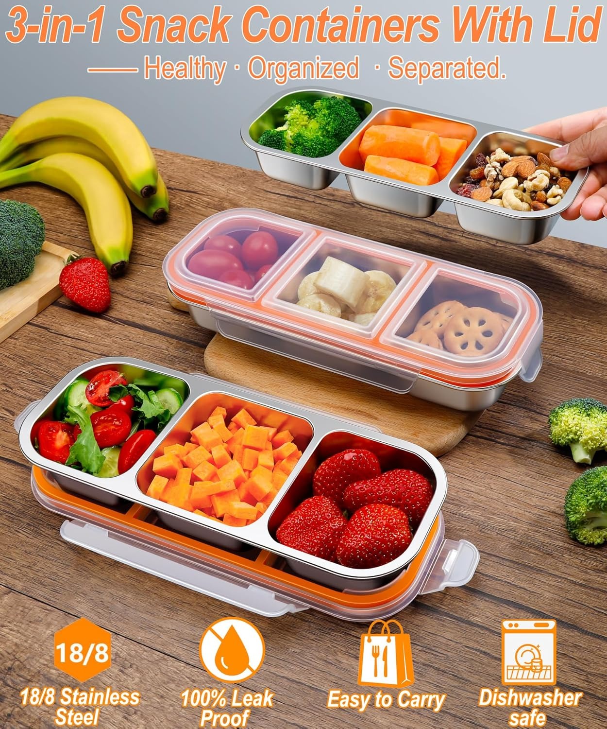 3 Pack Stainless Steel Snack Containers, 3 Compartment Metal Bento Lunch Box with 10 Mini Fruit Forks, Leak-Proof Stackable Meal Prep Containers for Kids & Adults