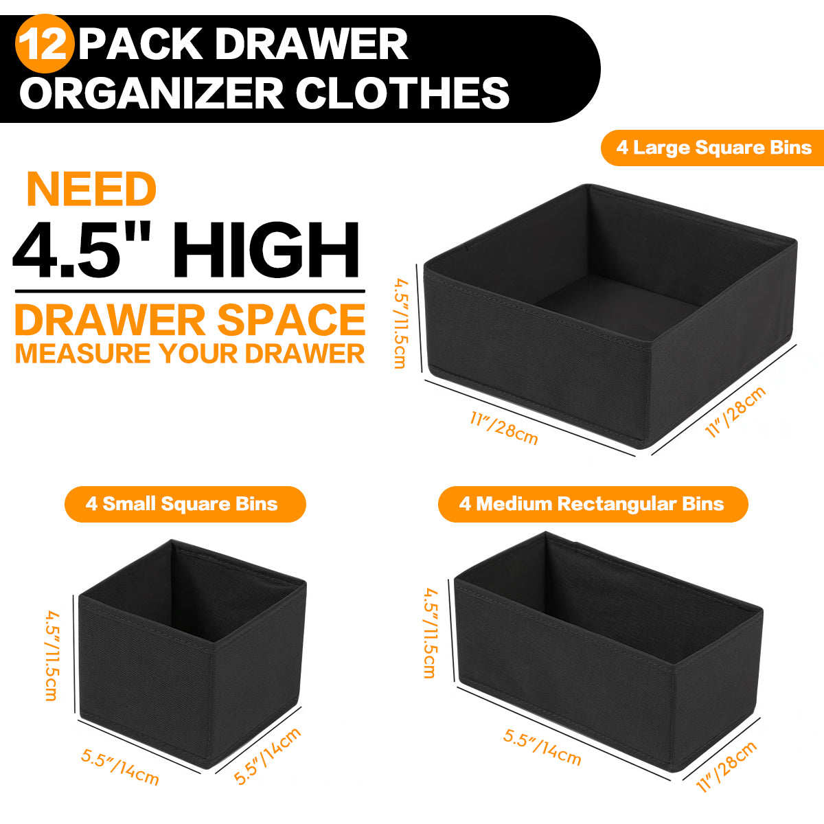 12 Pack Drawer Organizer Clothes, Dresser Organizer Bins for Nursery, Closet Organization and Storage Dividers for Clothing, Underwears, Socks - Black