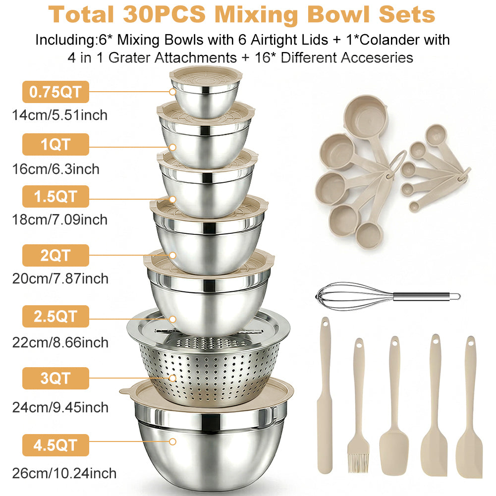Mixing Bowls with Airtight Lids Set, 30 PCS Stainless Steel Mixing Bowls Set with Colander & Grater, Kitchen Serving Gadgets and Accesseries, Size 4.5, 3, 2.5, 2,1.5,1, 0.75 QT, Khaki