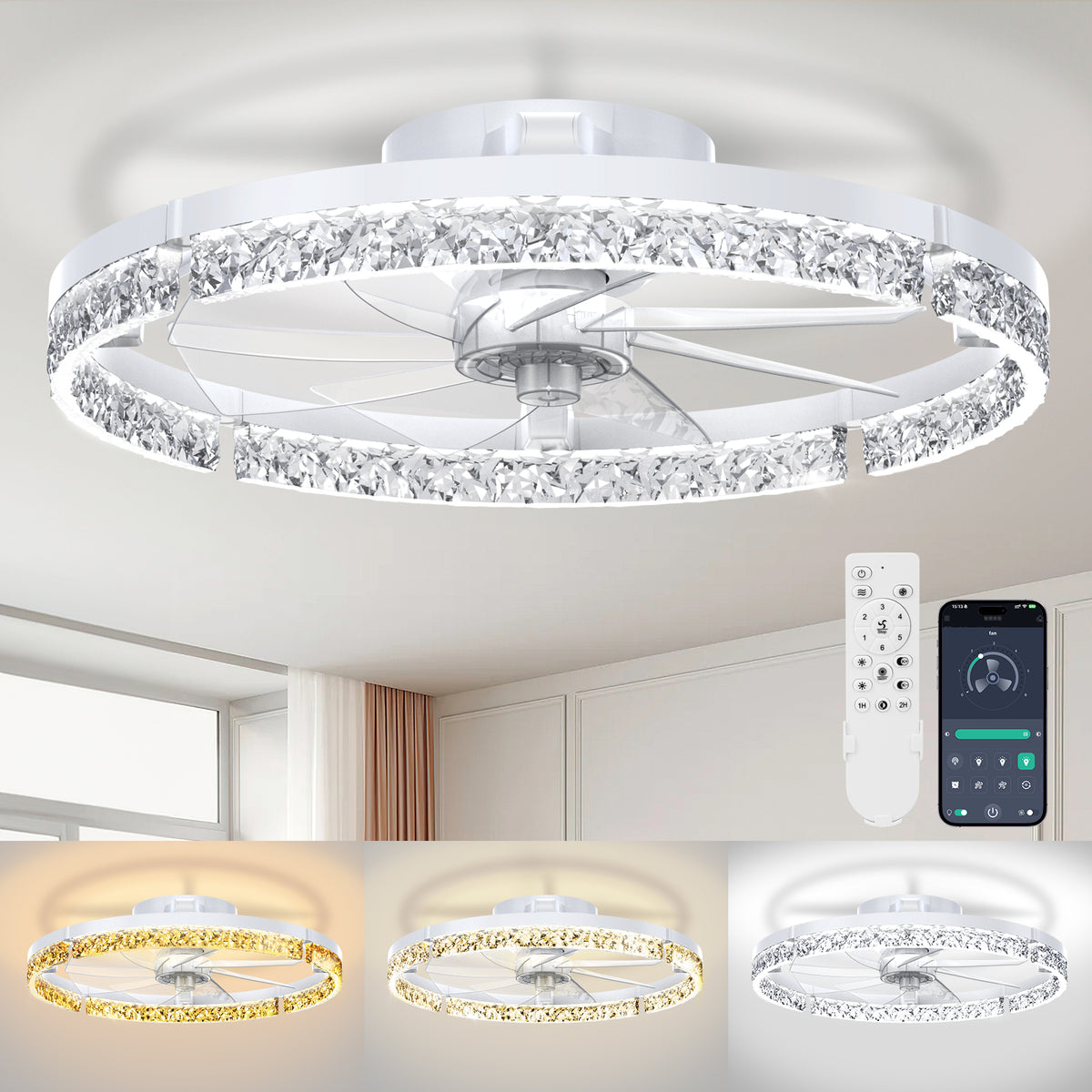 Ceiling Fans with Lights and Remote, 20'' Low Profile Ceiling Fans, 3000-6000K Dimmable Modern Flush Mount LED Fan Light