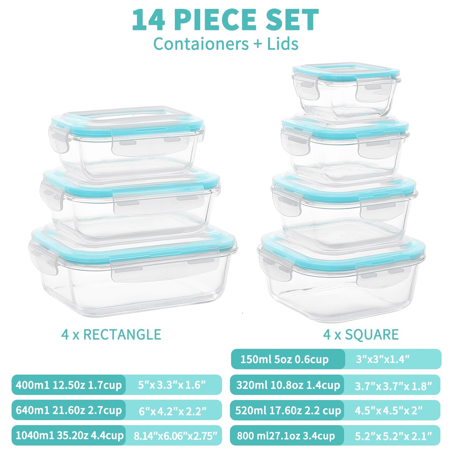 14 Pcs Glass Food Storage Containers, Meal Prep, Airtight Bento Boxes Lunch Box with Leak Proof Locking Lids, Microwave/Oven/Freezer/Dishwasher Safe, BPA Free