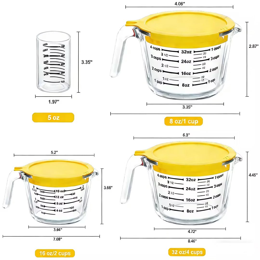 TAIMASI 9 Pcs Glass Measuring Cups Set with Lids, 4-Cup, 2-Cup, 1-Cup, 5 oz Liquid Measuring Cups & 5 Measuring Spoons | Microwave, Freezer & Dishwasher Safe，Yellow