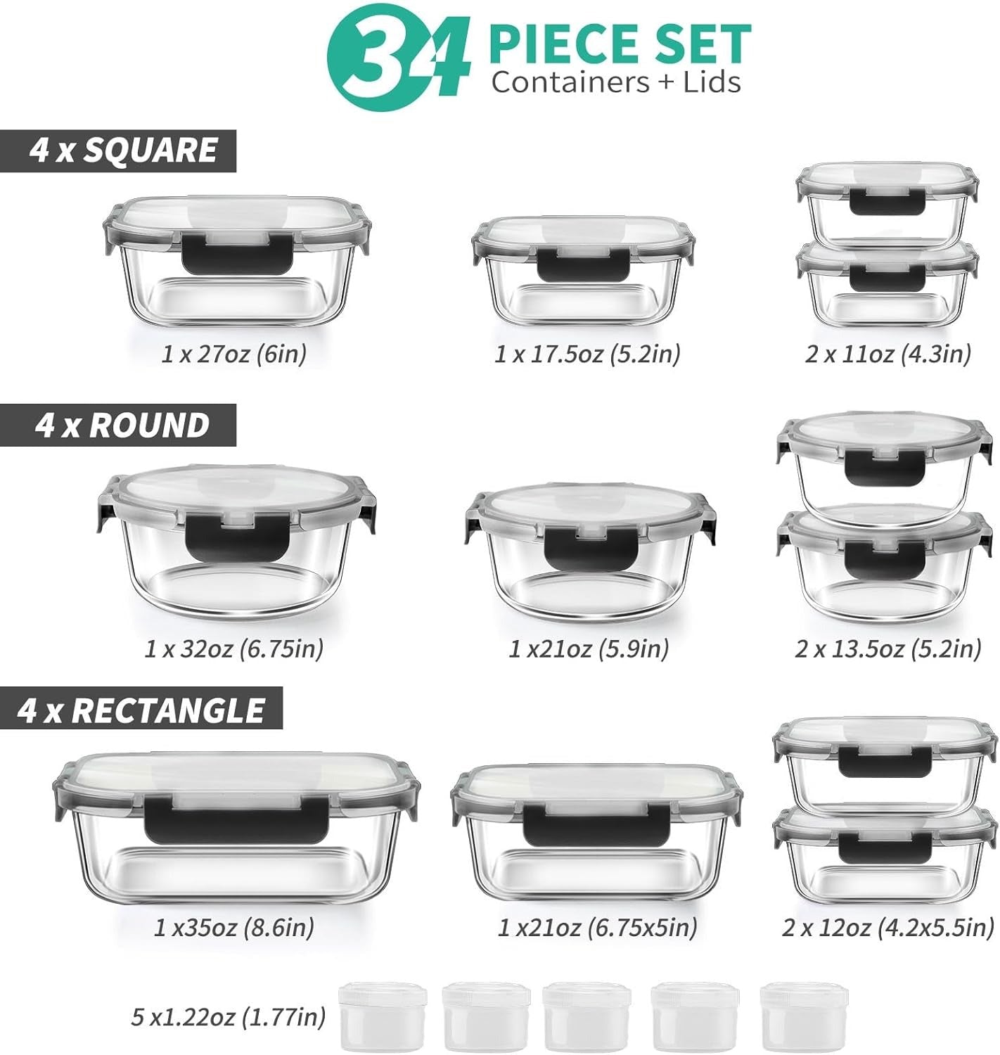 34pcs Glass Food Storage Containers with Lids Set, Airtight Meal Prep Containers (17 Containers & 17 Lids), Black