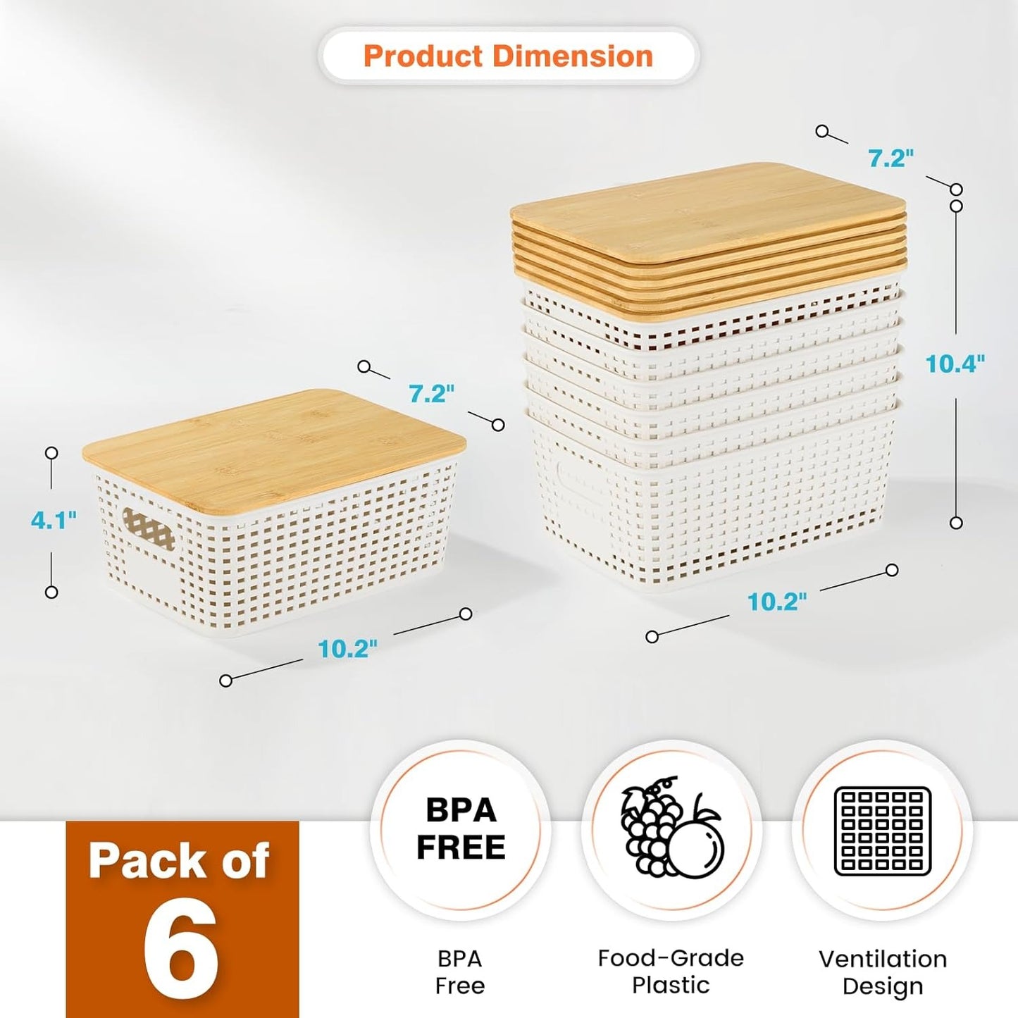 6 Pack Stackable Plastic Storage Baskets with Bamboo Lids, Storage Containers for Organizing Shelves, Drawers, Desktop, Closet, Office & Classroom, Includes Labels & Pen