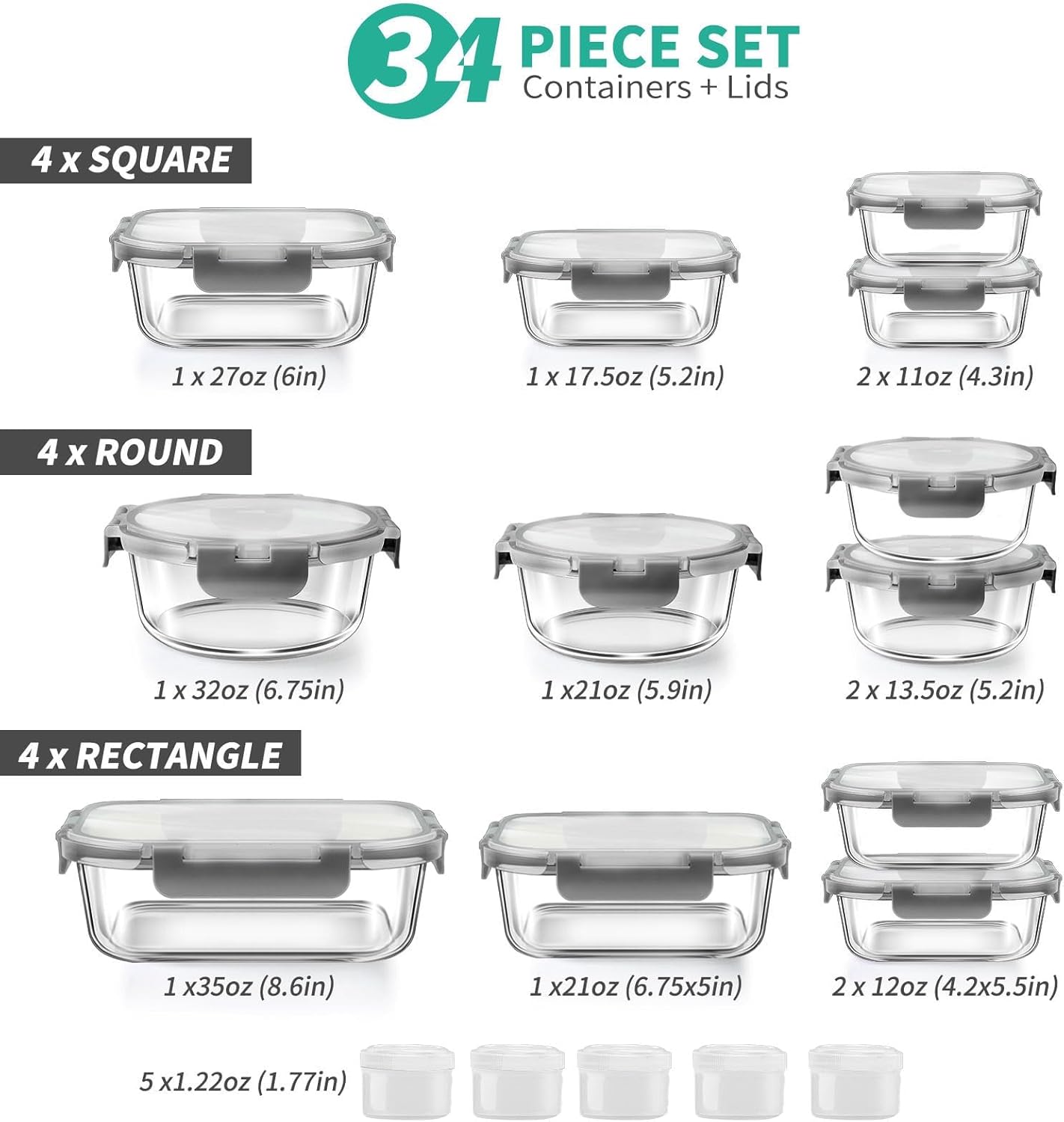 34pcs Glass Food Storage Containers with Lids Set, Airtight Meal Prep Containers (17 Containers & 17 Lids), Gray