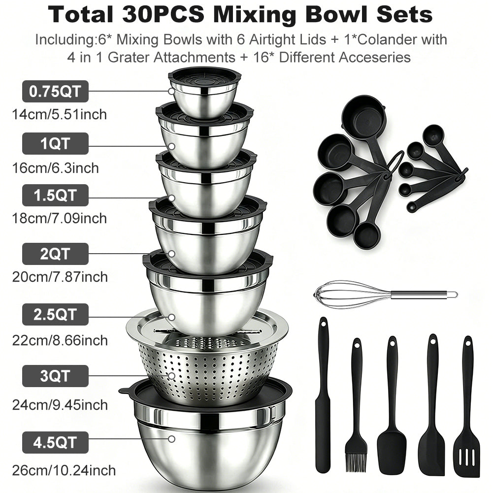 Mixing Bowls with Airtight Lids Set, TAIMASI 30 PCS Stainless Steel Mixing Bowl Set w Colander & Grater, Kitchen Serving Gadgets and Tools