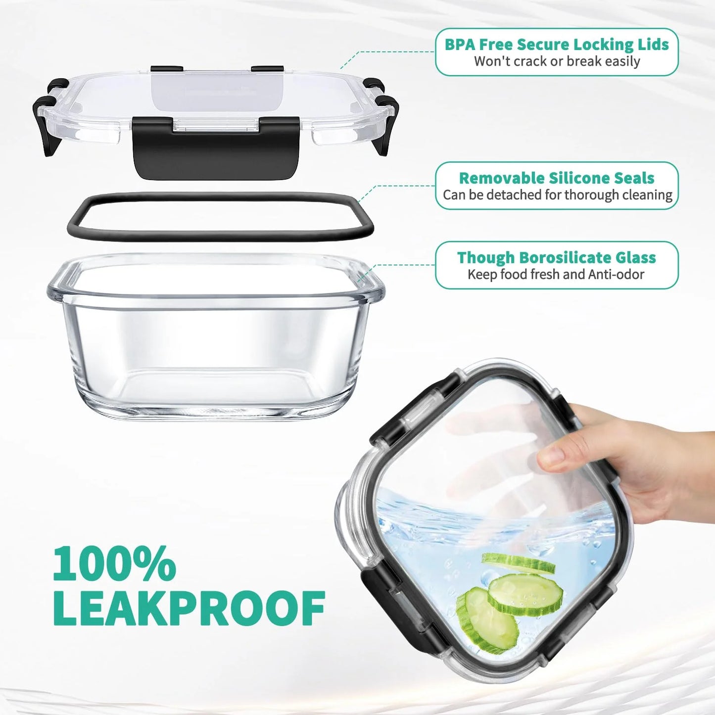 34pcs Glass Food Storage Containers with Lids Set, Airtight Glass Meal Prep Containers (17 Containers & 17 Lids),Leak Proof Lunch Containers BPA-Free, Microwave, Oven, Freezer, Dishwasher,Black