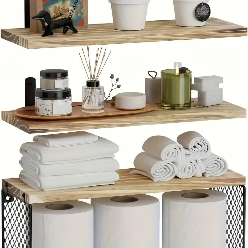 Bathroom Shelf Over Toilet, Bathroom Floating Shelves Wall Mounted with Wire Basket, Floating Shelf for Wall Decor - Rustic Brown