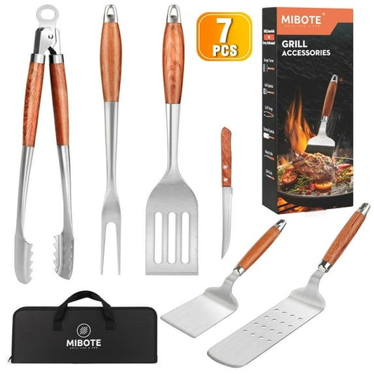 Heavy-Duty Rose Wooden BBQ Grilling Tools Set. Extra Thick Stainless Steel Multi-Function Spatula, Fork & Tongs | Essential Accessories with Organizer Bag for Barbecue & Grill. Ideal Gift for Father