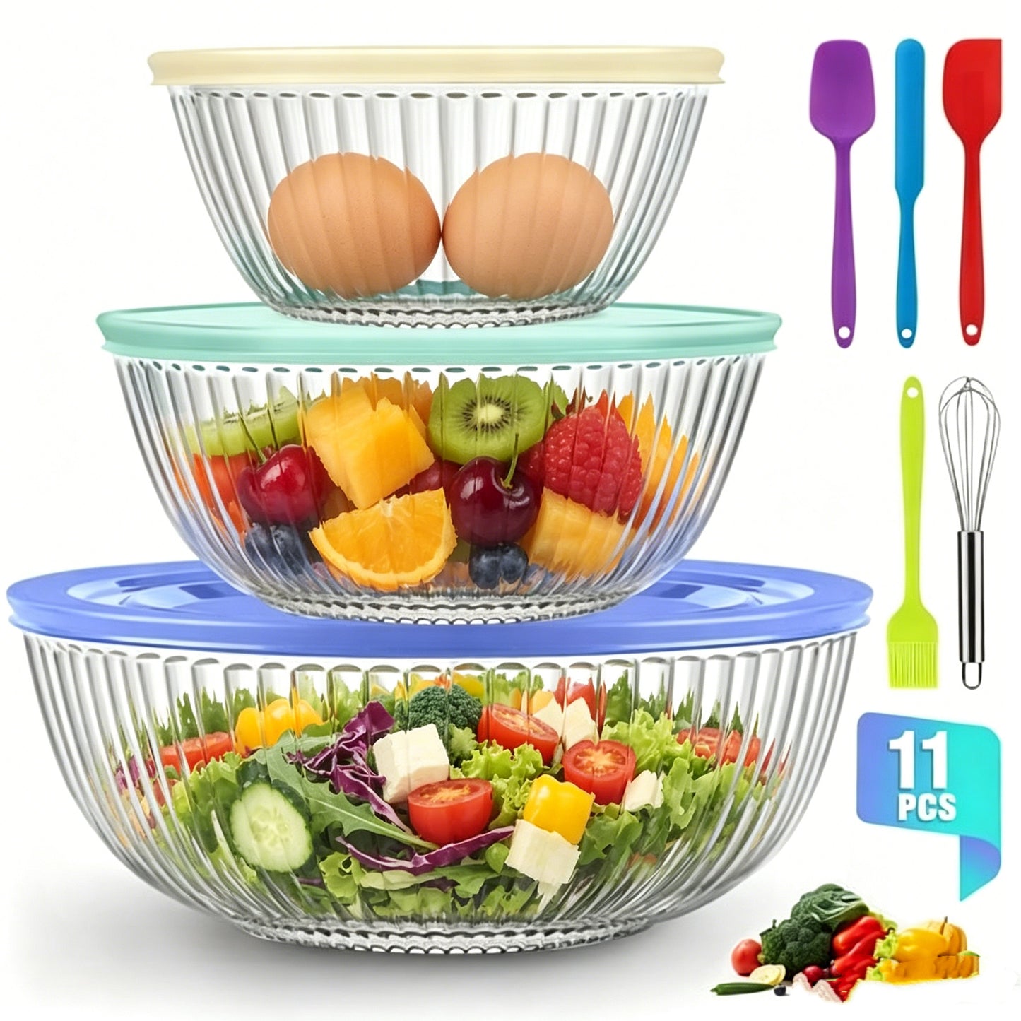 Glass Mixing Bowls Set, AOKIWO 11 Packs 3 Size Glass Nesting Mixing Bowl with BPA-Free Lids & Baking Tools, Kitchen Storage Bowls for Prep, Baking, Serving