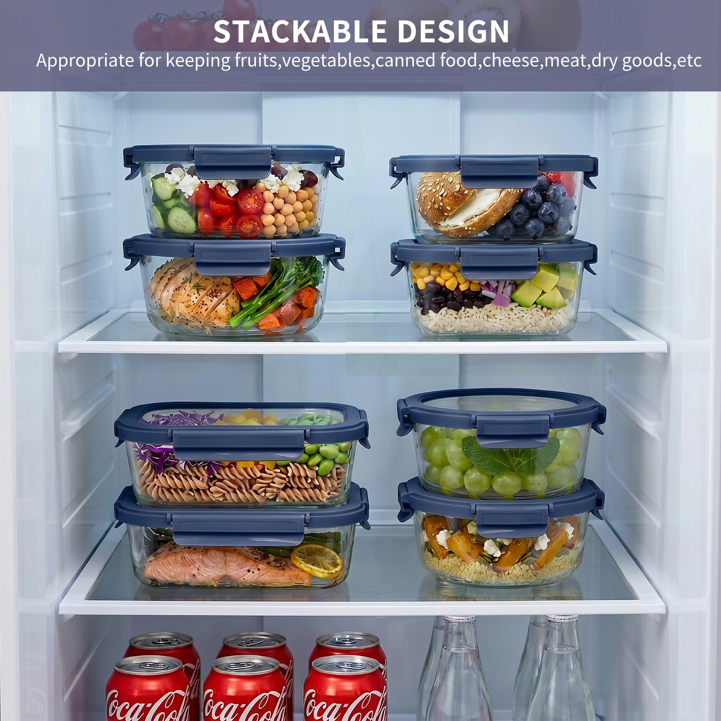 36pcs Glass Food Storage Containers with Lids Set, Airtight Meal Prep Containers (18 Containers & 18 Lids), Blue