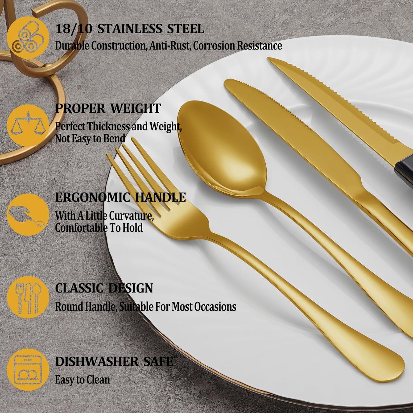24 Pcs Gold Silverware Set with Steak Knives, Stainless Steel Flatware Cutlery Set Service for 4, Kitchen Tableware Set, Utensil Set for Home and Restaurant, Knives Forks Spoon Set, Dishwasher Safe